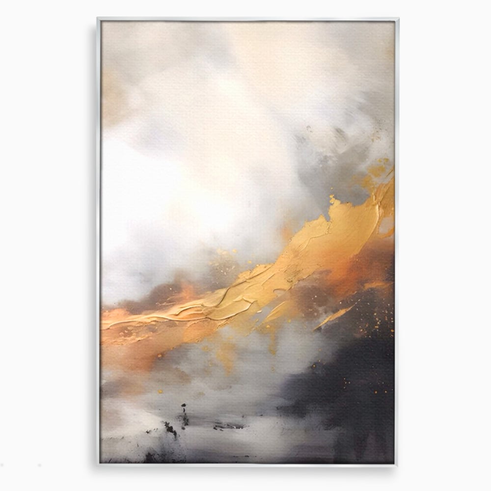 Tablou canvas cu pictura abstracta cu tusa aurie in relief, in rama de aluminiu argintiu
