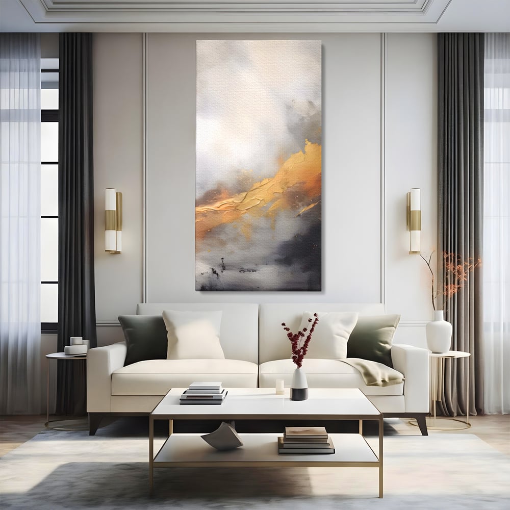 Tablou canvas cu pictura abstracta cu tusa aurie in relief, fara rama, pe sasiu de lemn, pe perete intr-un living