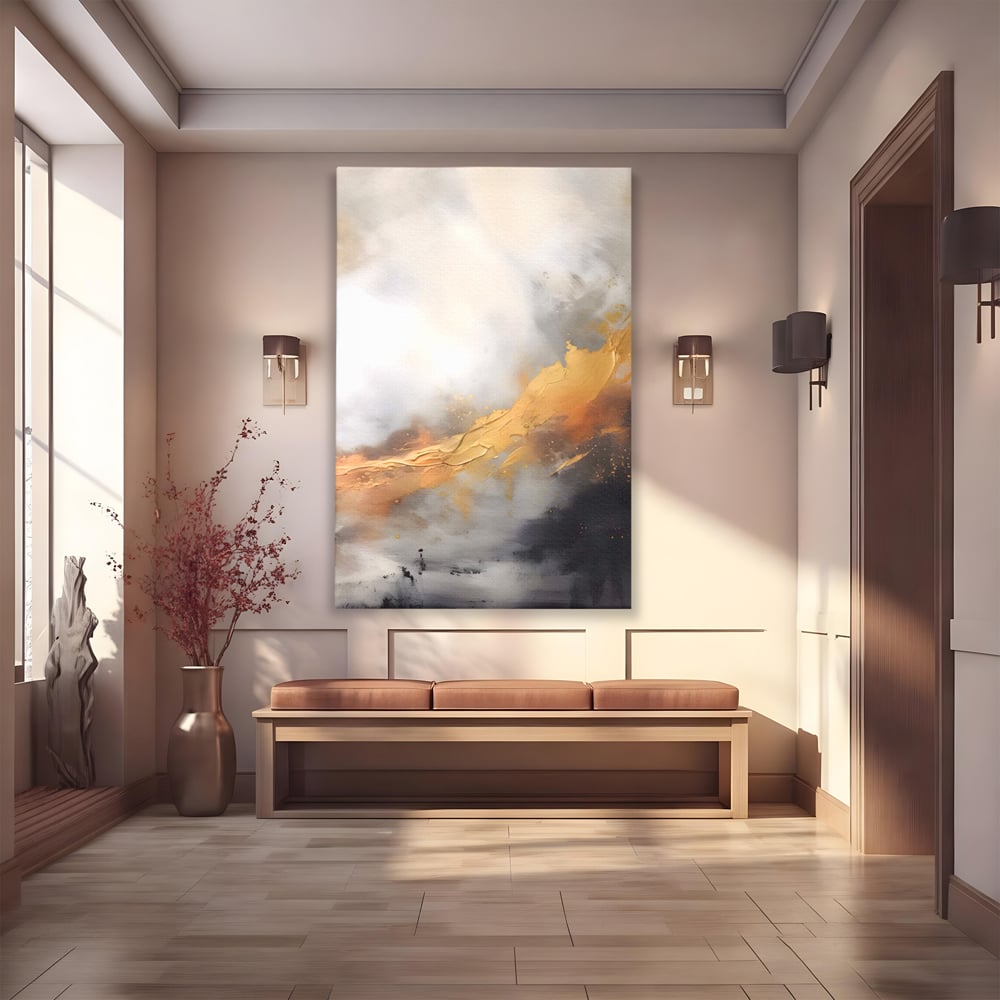 Tablou canvas cu pictura abstracta cu tusa aurie in relief, fara rama, pe sasiu de lemn