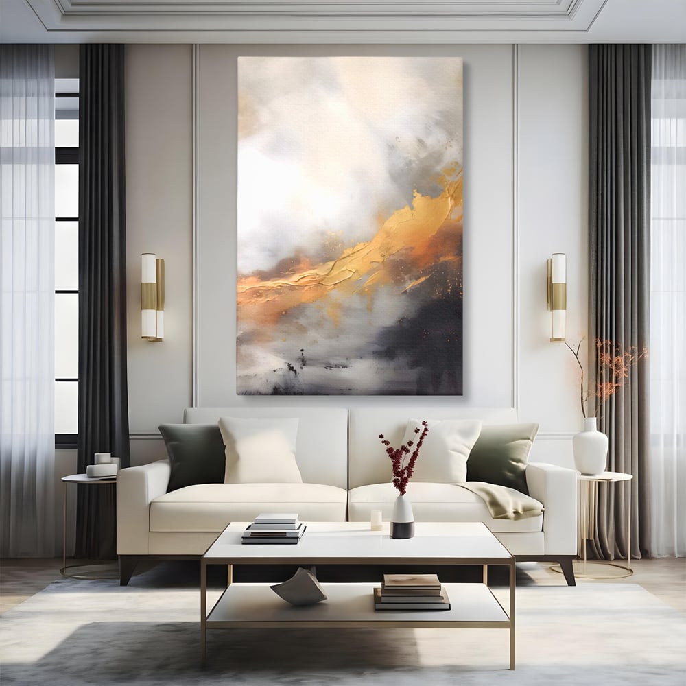 Tablou canvas cu pictura abstracta cu tusa aurie in relief, fara rama, pe sasiu de lemn, pe perete intr-un living