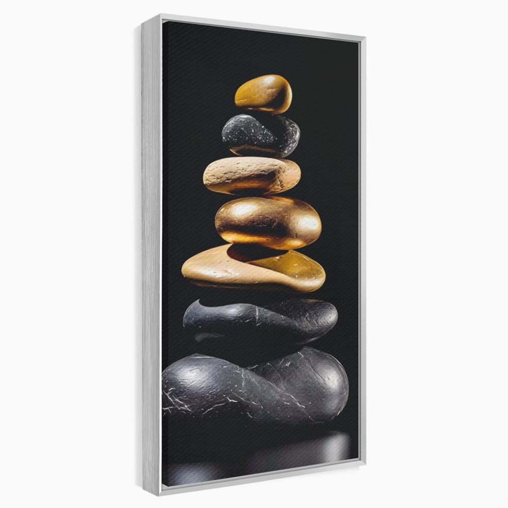 Tablou canvas cu turn vertical din pietre suprapuse, in rama de aluminiu argintiu