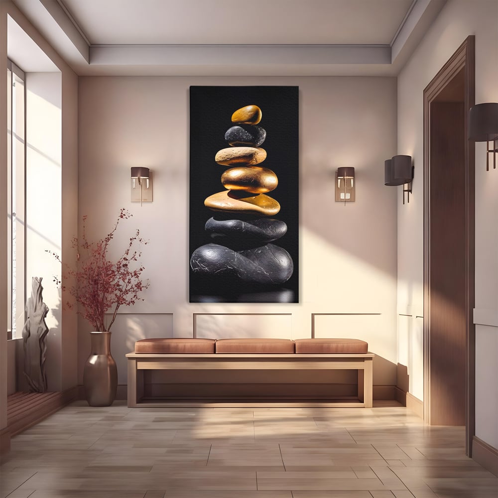 Tablou canvas cu turn vertical din pietre suprapuse, fara rama, pe sasiu de lemn