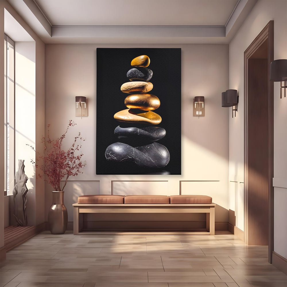 Tablou canvas cu turn vertical din pietre suprapuse, fara rama, pe sasiu de lemn