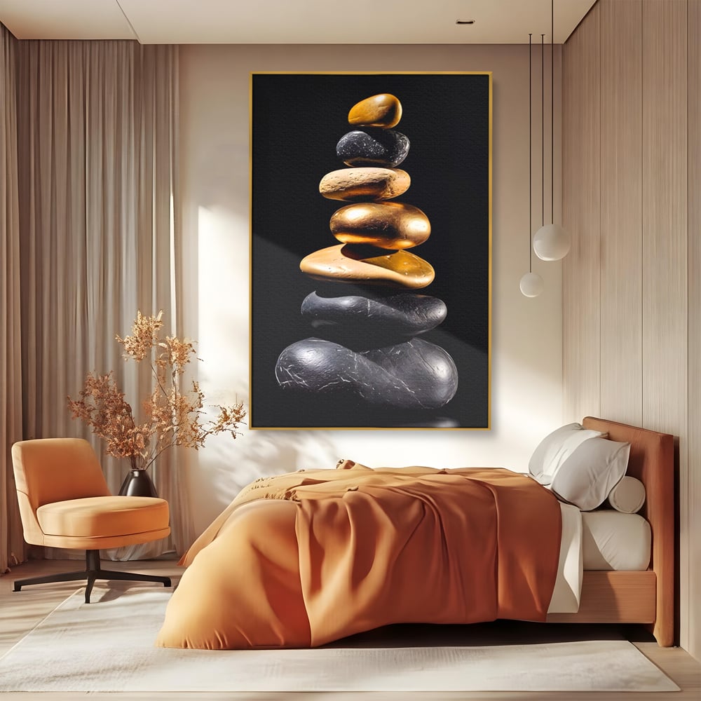 Tablou canvas cu turn vertical din pietre suprapuse, in rama de aluminiu auriu, pe perete intr-un dormitor