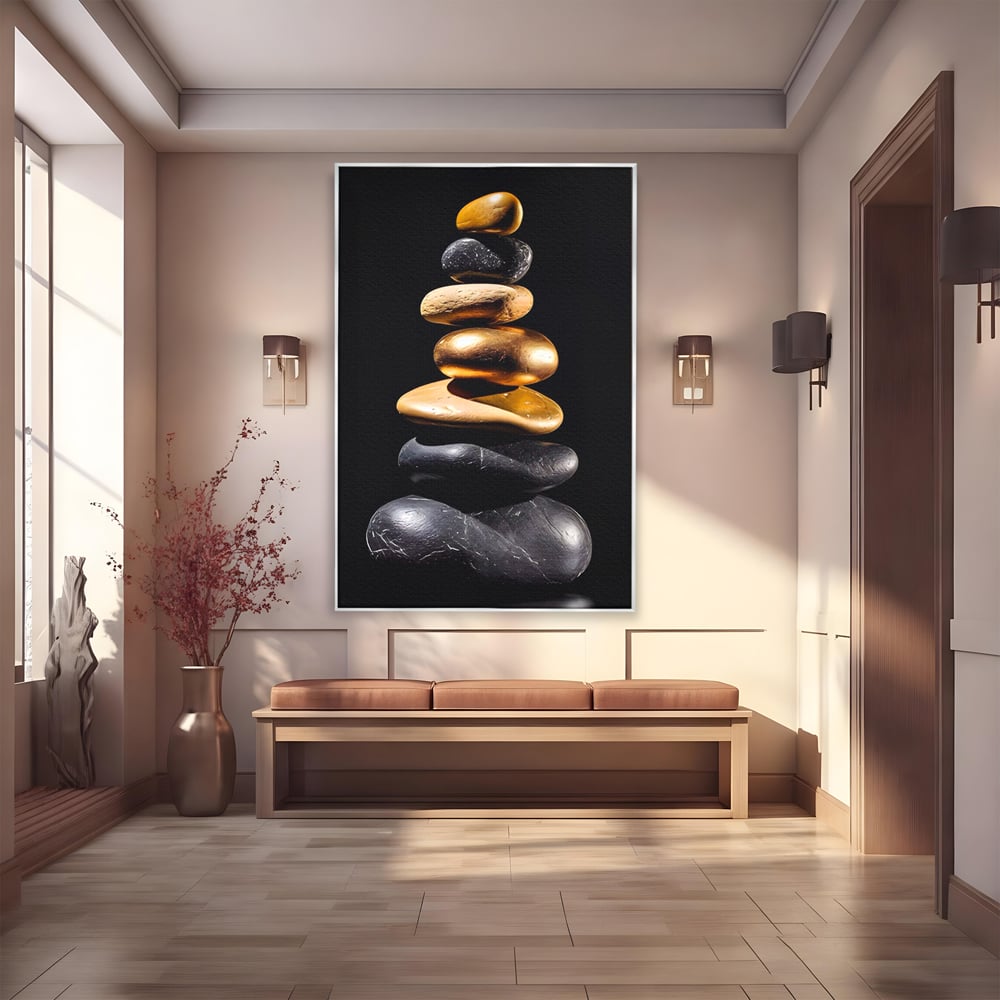 Tablou canvas cu turn vertical din pietre suprapuse, in rama de aluminiu argintiu