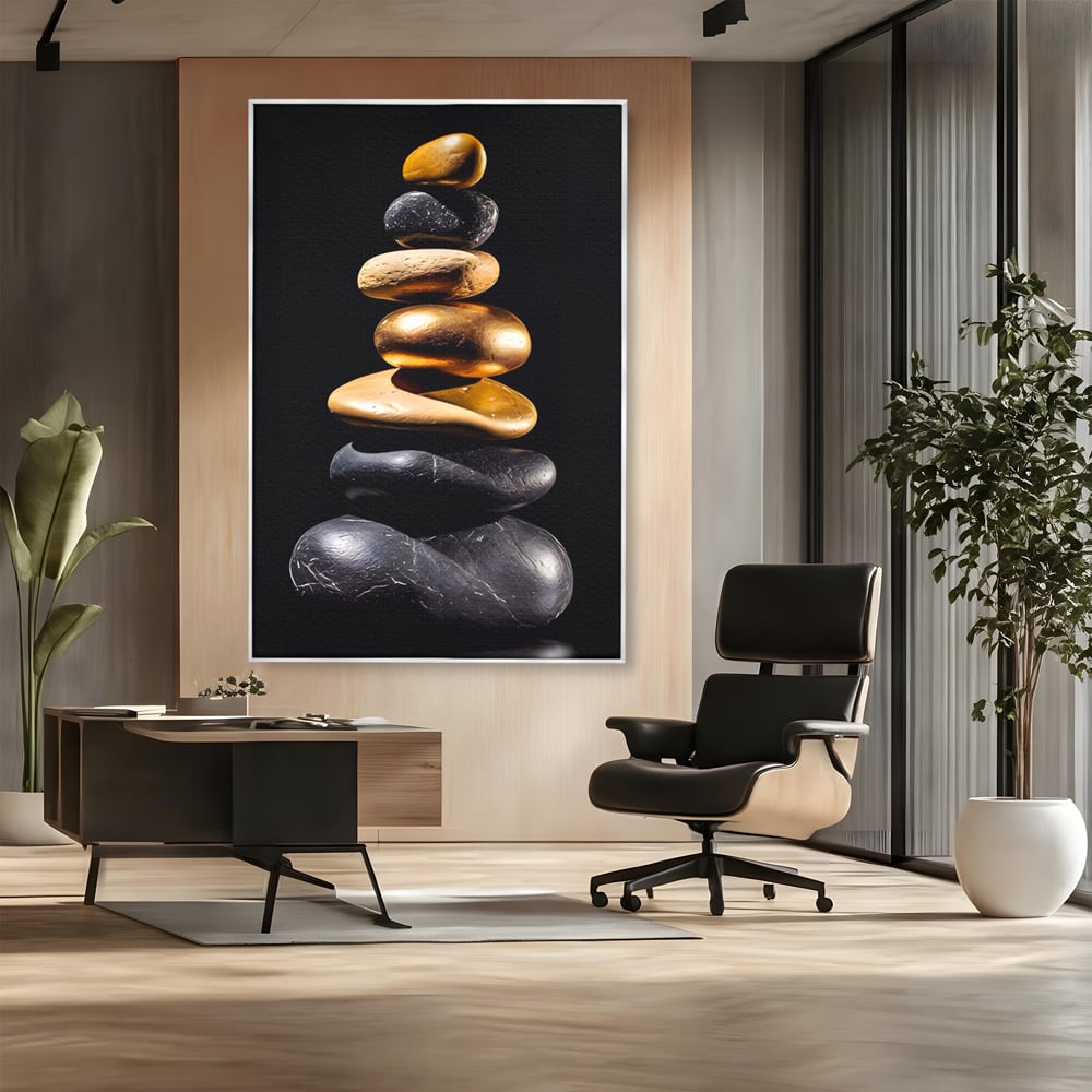 Tablou canvas cu turn vertical din pietre suprapuse, in rama de aluminiu argintiu, pe perete intr-un birou