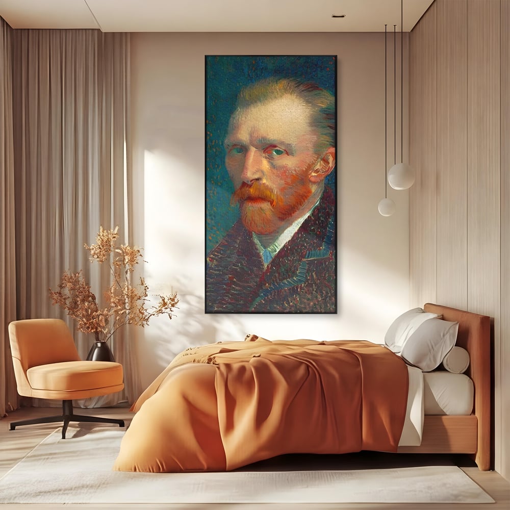 Tablou canvas cu autoportret vincent van gogh, in rama de aluminiu negru, pe perete intr-un dormitor
