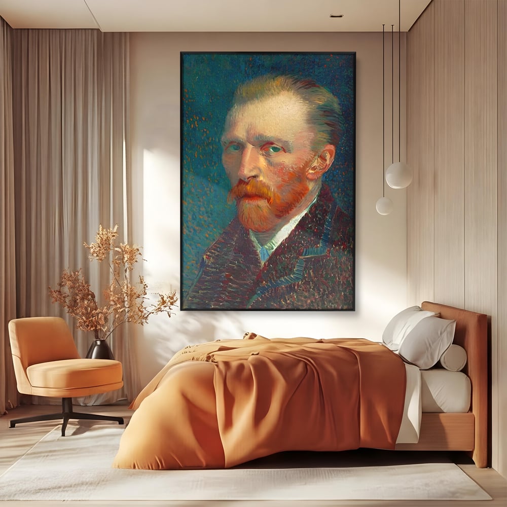 Tablou canvas cu autoportret vincent van gogh, in rama de aluminiu negru, pe perete intr-un dormitor