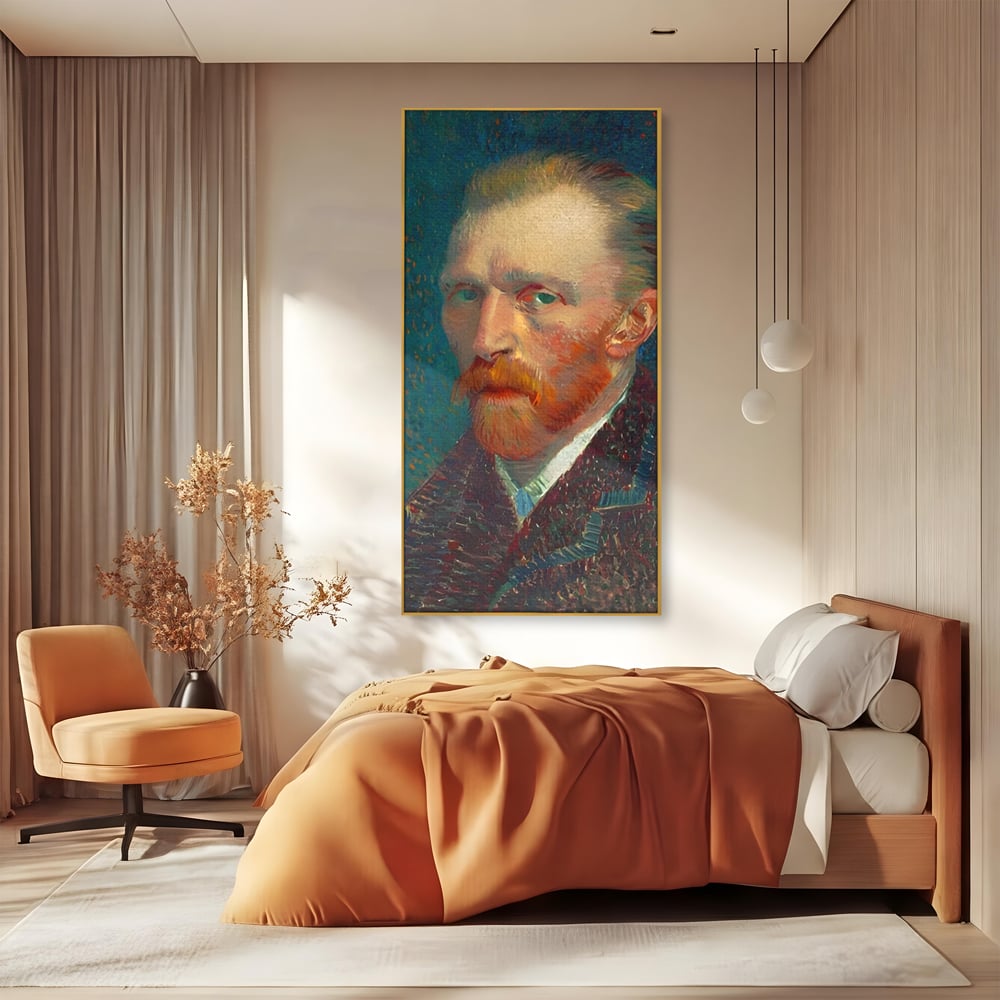 Tablou canvas cu autoportret vincent van gogh, in rama de aluminiu auriu, pe perete intr-un dormitor