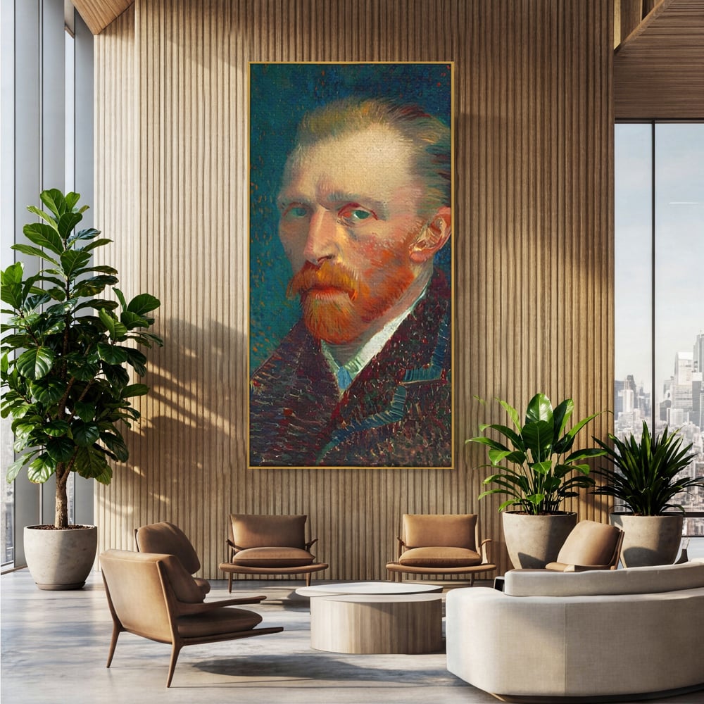 Tablou canvas cu autoportret vincent van gogh, in rama de aluminiu auriu, pe perete intr-un birou