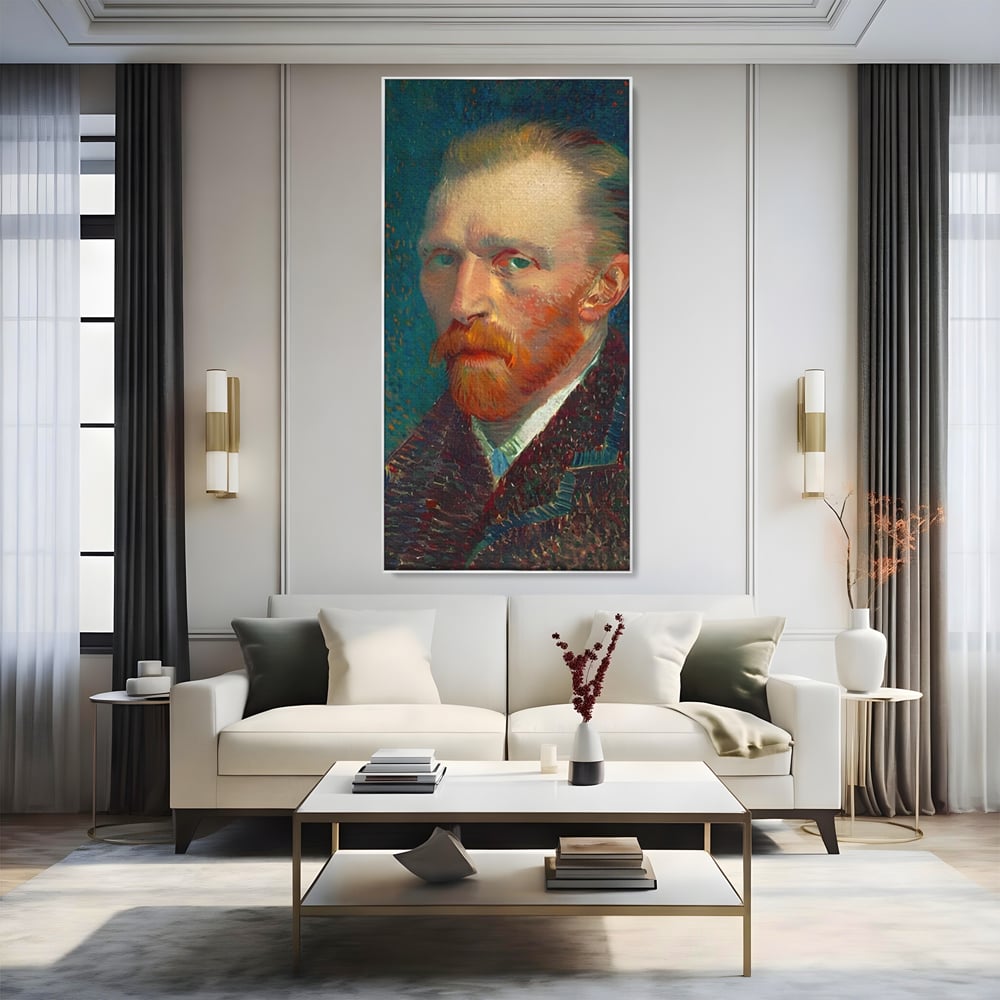 Tablou canvas cu autoportret vincent van gogh, in rama de aluminiu argintiu, pe perete intr-un living