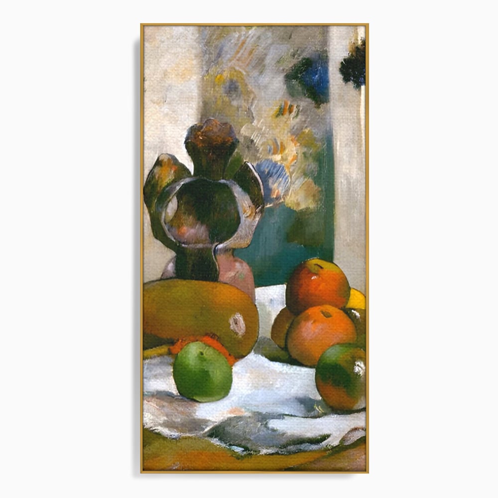 Tablou canvas cu pictura natura moarta cu fructe si vaza, in rama de aluminiu auriu