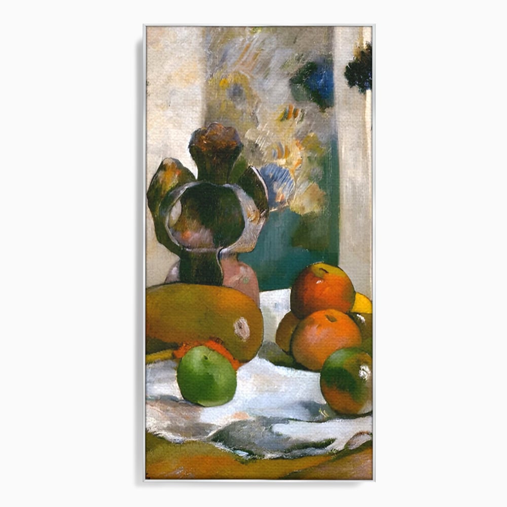 Tablou canvas cu pictura natura moarta cu fructe si vaza, in rama de aluminiu argintiu