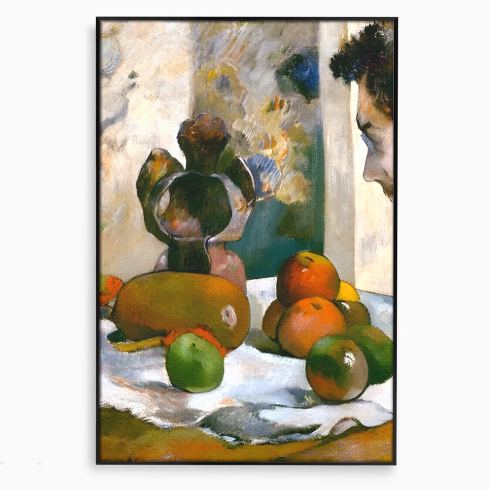 Tablou canvas cu pictura natura moarta cu fructe si vaza, in rama de aluminiu negru