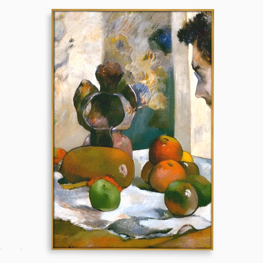Tablou canvas cu pictura natura moarta cu fructe si vaza, in rama de aluminiu auriu