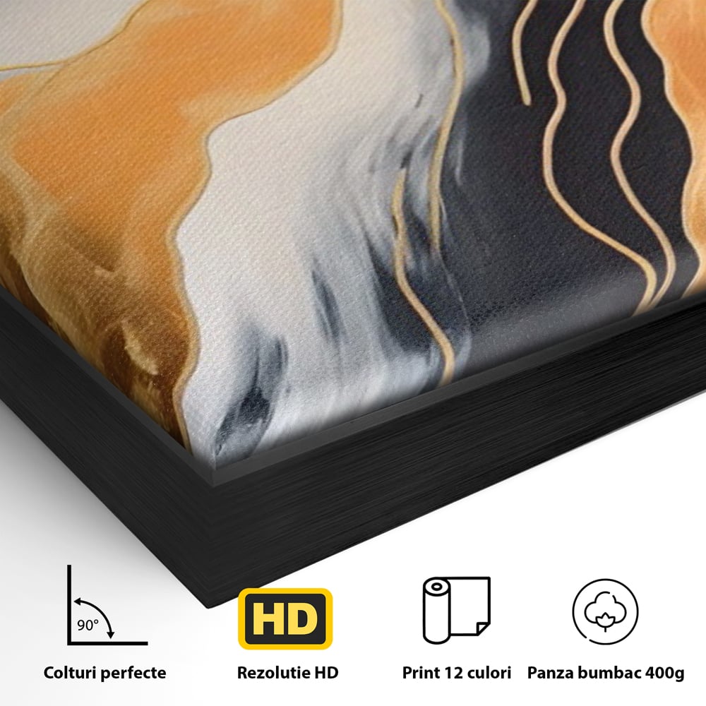 Detaliu al suprafetei: pictura abstracta cu valuri aurii, in rama de aluminiu negru