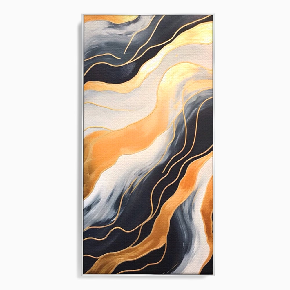 Tablou canvas cu pictura abstracta cu valuri aurii, in rama de aluminiu argintiu