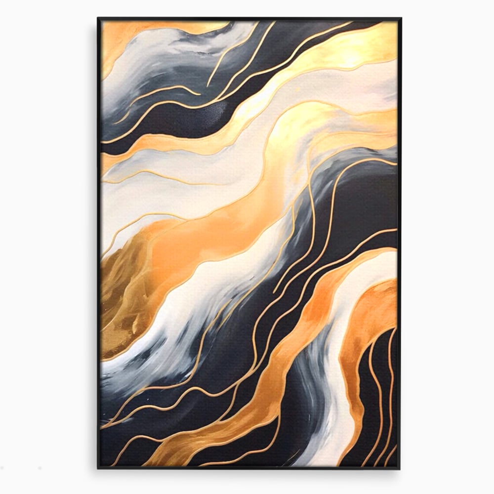 Tablou canvas cu pictura abstracta cu valuri aurii, in rama de aluminiu negru