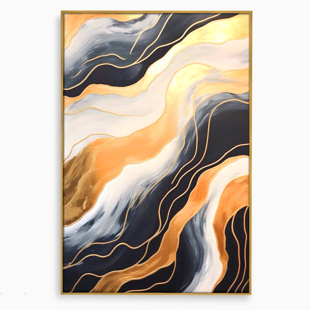 Tablou canvas cu pictura abstracta cu valuri aurii, in rama de aluminiu auriu