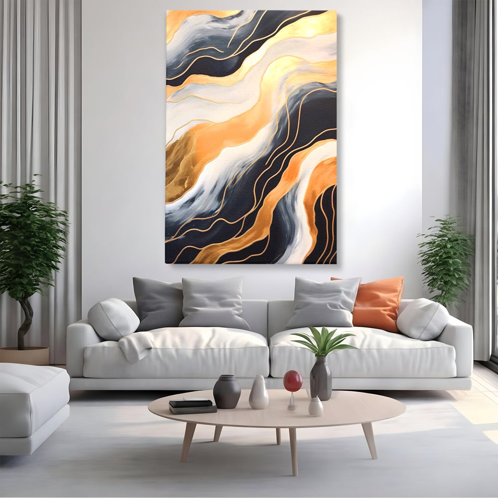 Tablou canvas cu pictura abstracta cu valuri aurii, fara rama, pe sasiu de lemn, pe perete intr-un living