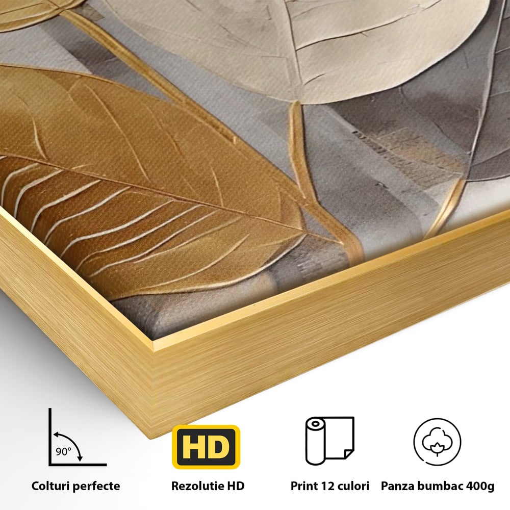 Detaliu al suprafetei: tablou canvas cu frunze aurii texturate, in rama de aluminiu auriu