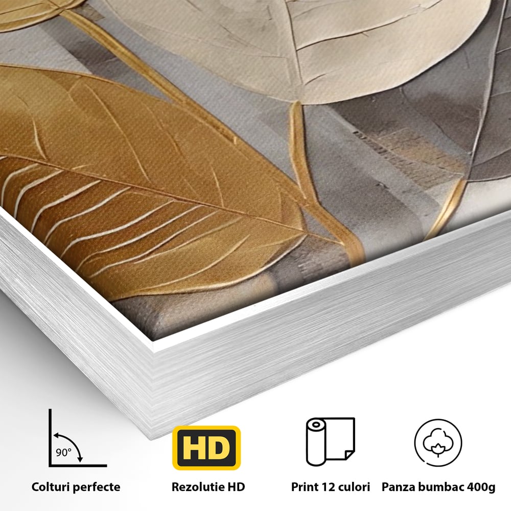 Detaliu al suprafetei: tablou canvas cu frunze aurii texturate, in rama de aluminiu argintiu