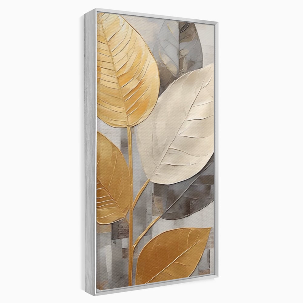 Tablou canvas cu tablou canvas cu frunze aurii texturate, in rama de aluminiu argintiu
