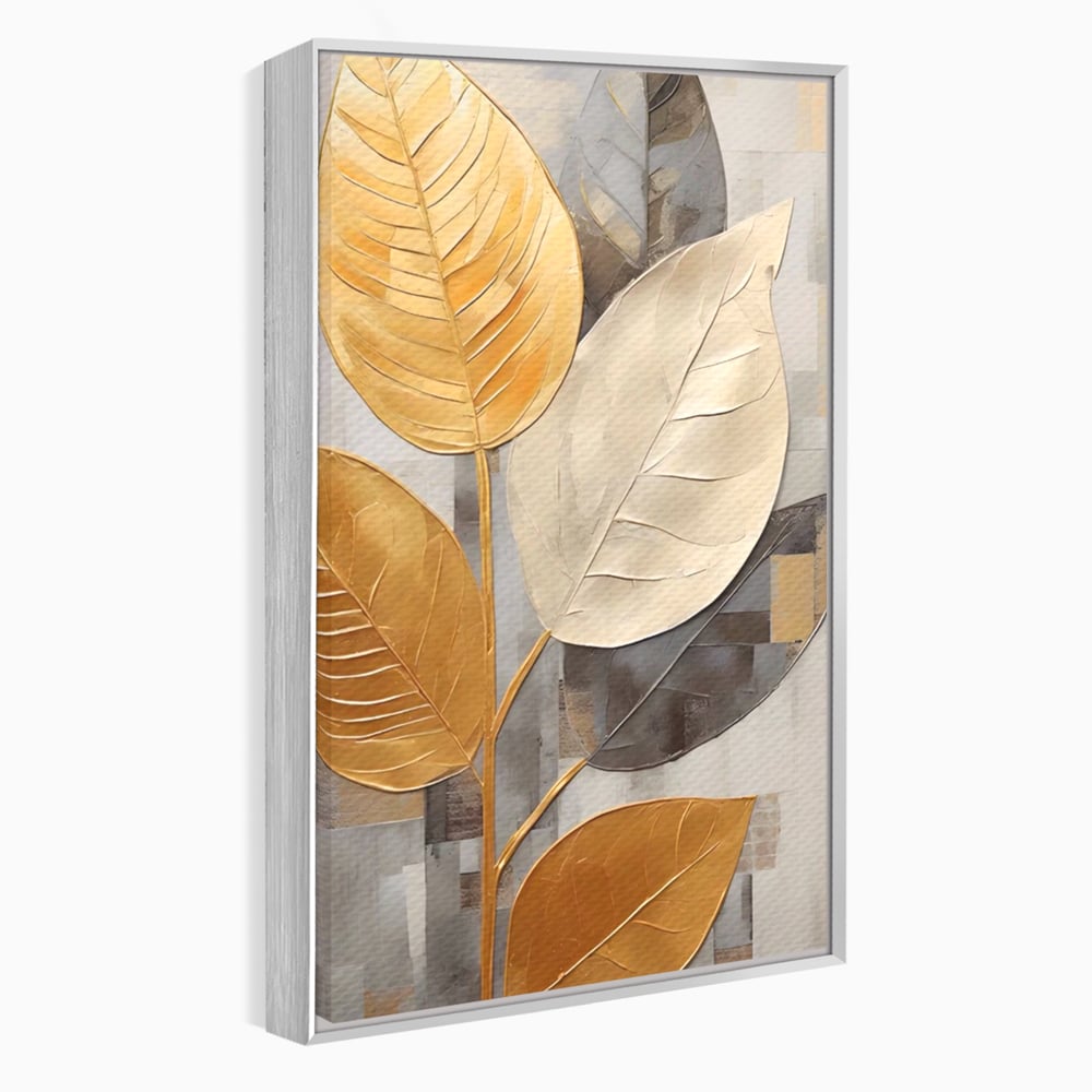 Tablou canvas cu tablou canvas cu frunze aurii texturate, in rama de aluminiu argintiu