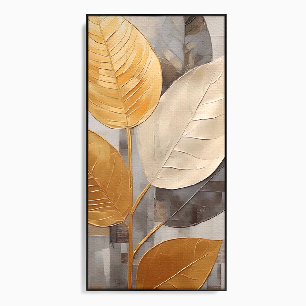 Tablou canvas cu tablou canvas cu frunze aurii texturate, in rama de aluminiu negru