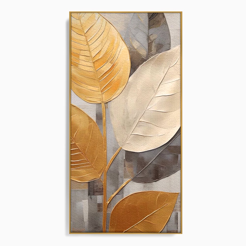 Tablou canvas cu tablou canvas cu frunze aurii texturate, in rama de aluminiu auriu