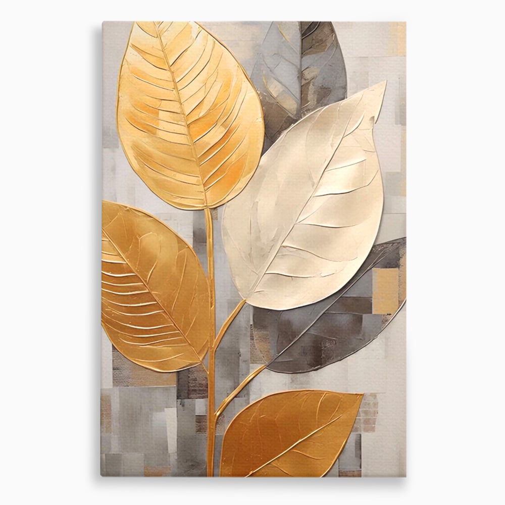 Tablou canvas cu tablou canvas cu frunze aurii texturate, fara rama, pe sasiu de lemn