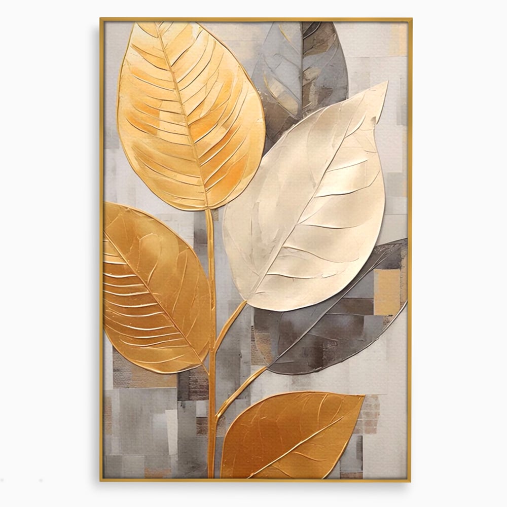 Tablou canvas cu tablou canvas cu frunze aurii texturate, in rama de aluminiu auriu