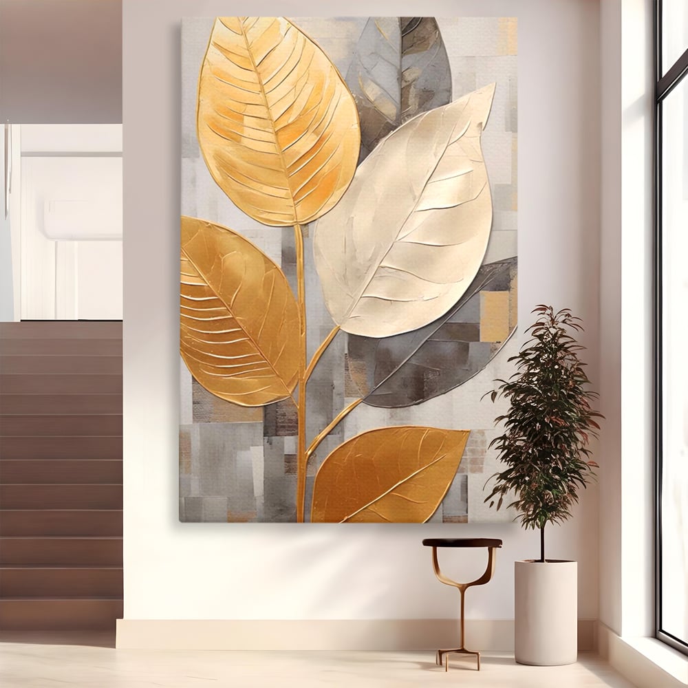Tablou canvas cu tablou canvas cu frunze aurii texturate, fara rama, pe sasiu de lemn