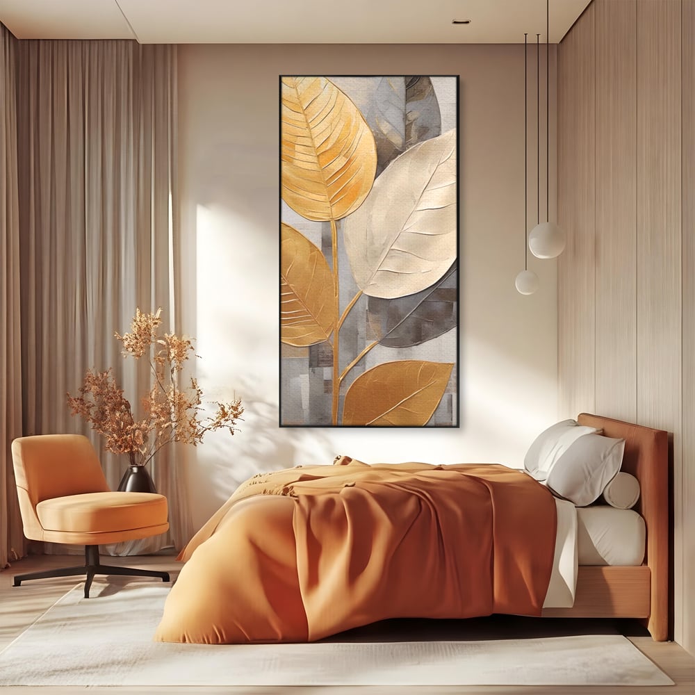 Tablou canvas cu tablou canvas cu frunze aurii texturate, in rama de aluminiu negru, pe perete intr-un dormitor