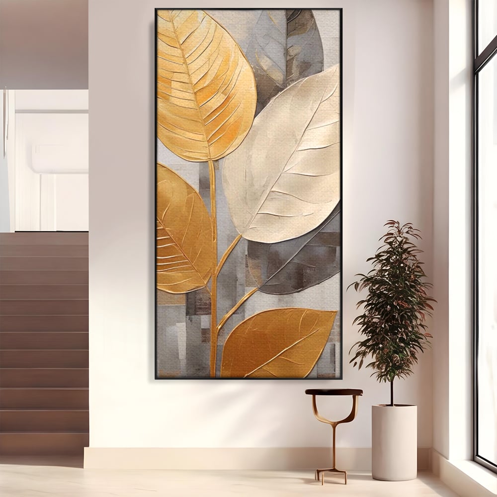 Tablou canvas cu tablou canvas cu frunze aurii texturate, in rama de aluminiu negru