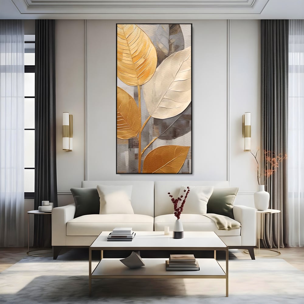 Tablou canvas cu tablou canvas cu frunze aurii texturate, in rama de aluminiu negru, pe perete intr-un living