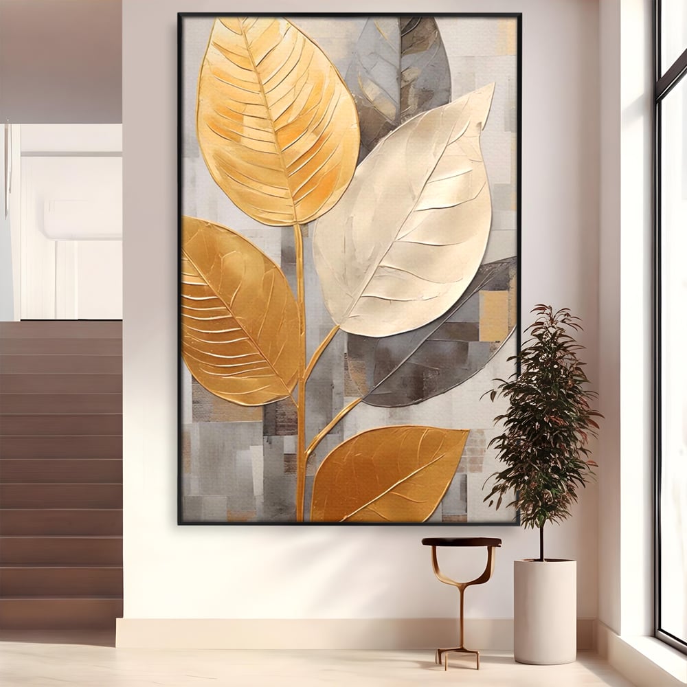Tablou canvas cu tablou canvas cu frunze aurii texturate, in rama de aluminiu negru