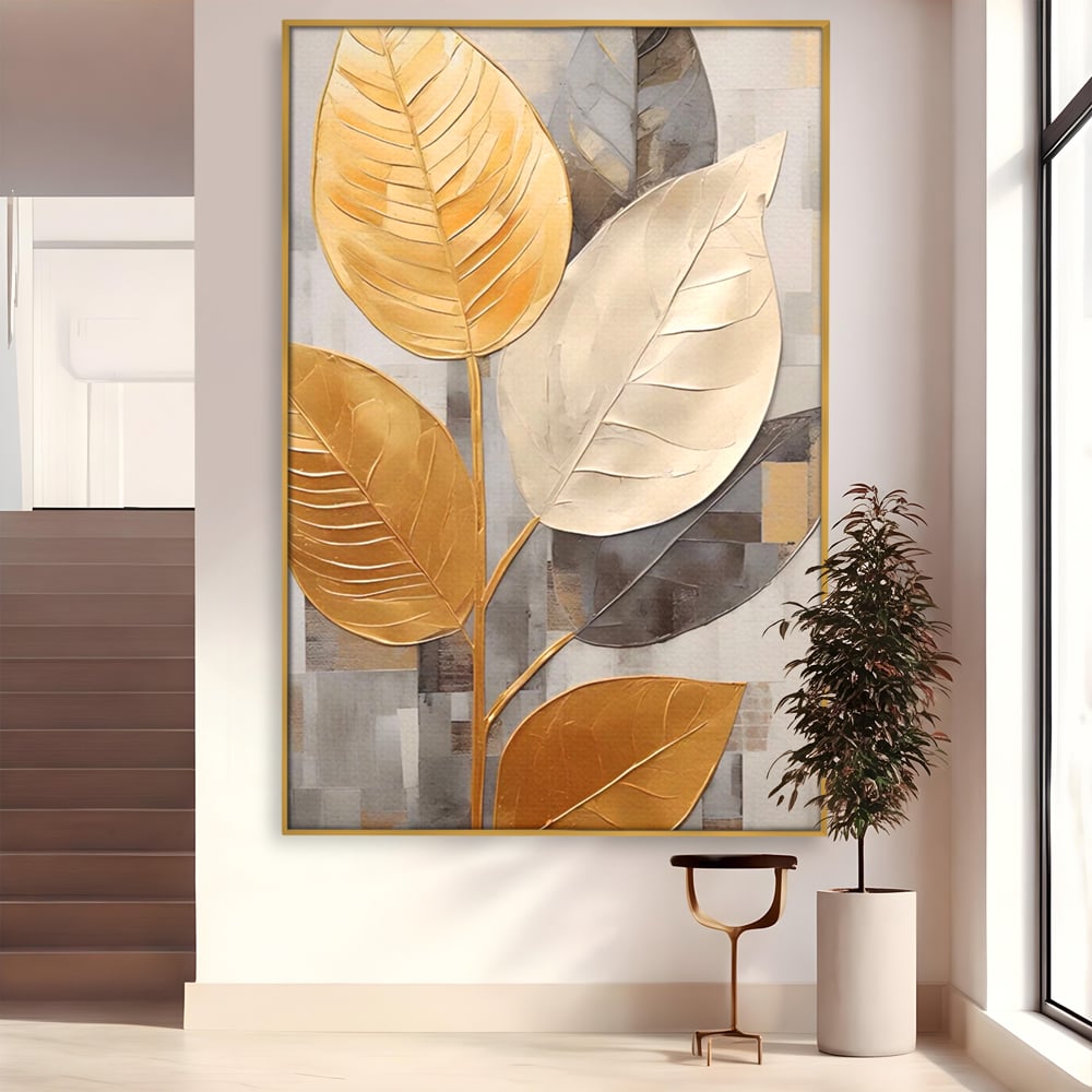 Tablou canvas cu tablou canvas cu frunze aurii texturate, in rama de aluminiu auriu