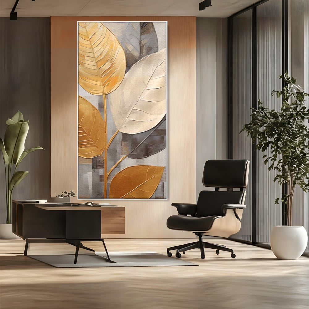 Tablou canvas cu tablou canvas cu frunze aurii texturate, in rama de aluminiu argintiu, pe perete intr-un birou