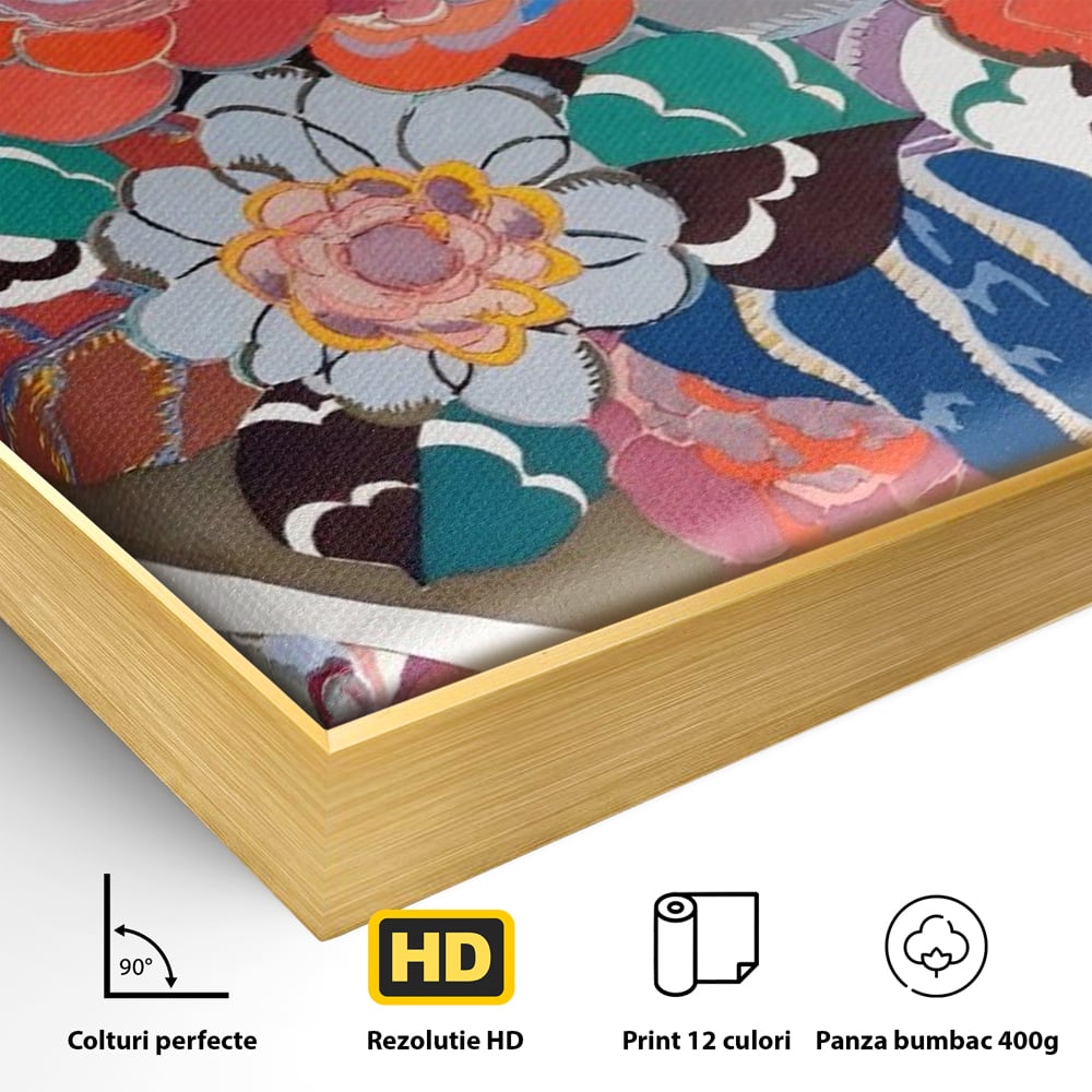Detaliu al suprafetei: tablou patrat cu flori colorate in cerc, in rama de aluminiu auriu