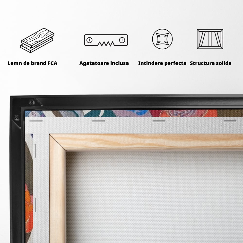 Spatele produsului, cu sasiu din lemn, capse metalice si agatatoare