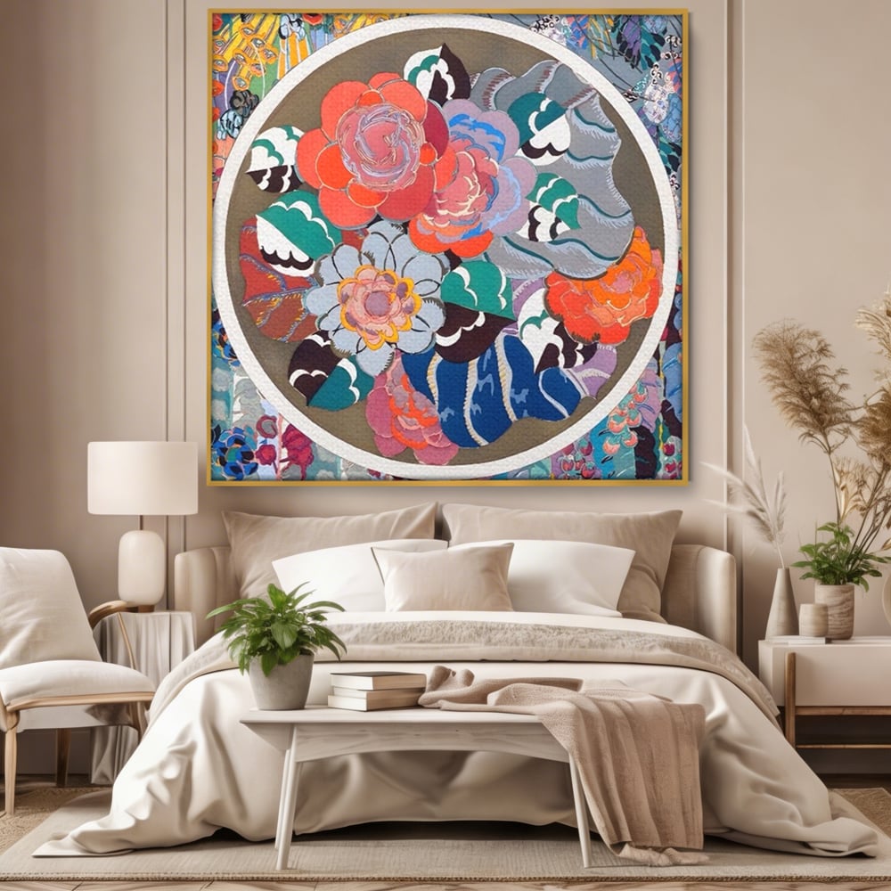 Tablou canvas cu tablou patrat cu flori colorate in cerc, in rama de aluminiu auriu, pe perete intr-un dormitor
