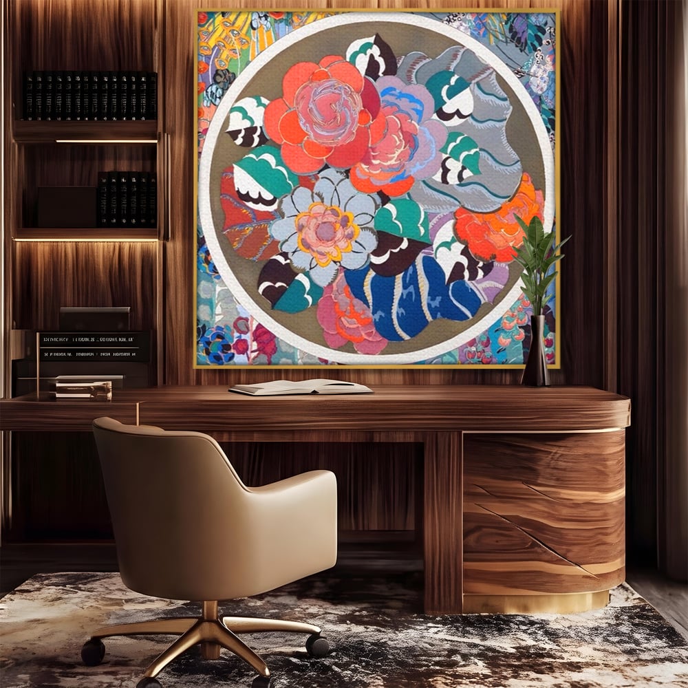 Tablou canvas cu tablou patrat cu flori colorate in cerc, in rama de aluminiu auriu, pe perete intr-un birou