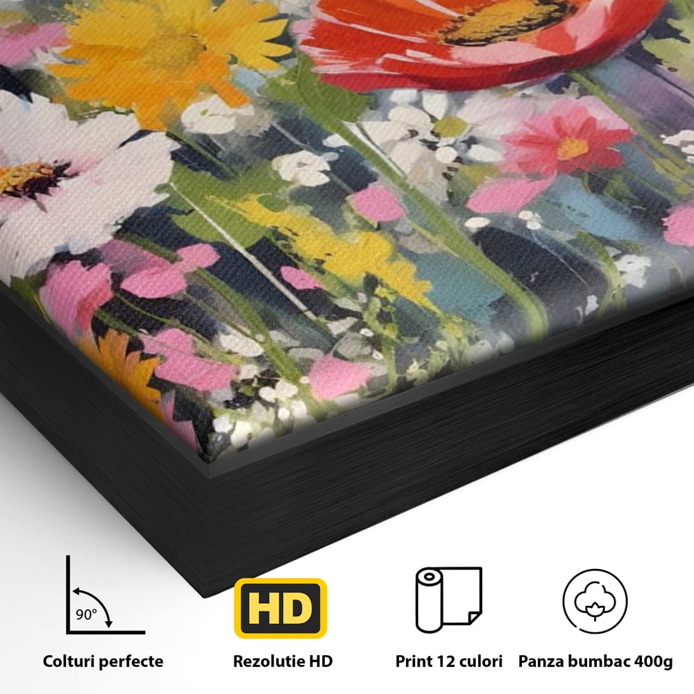 Detaliu al suprafetei: pictura cu camp plin de flori colorate, in rama de aluminiu negru
