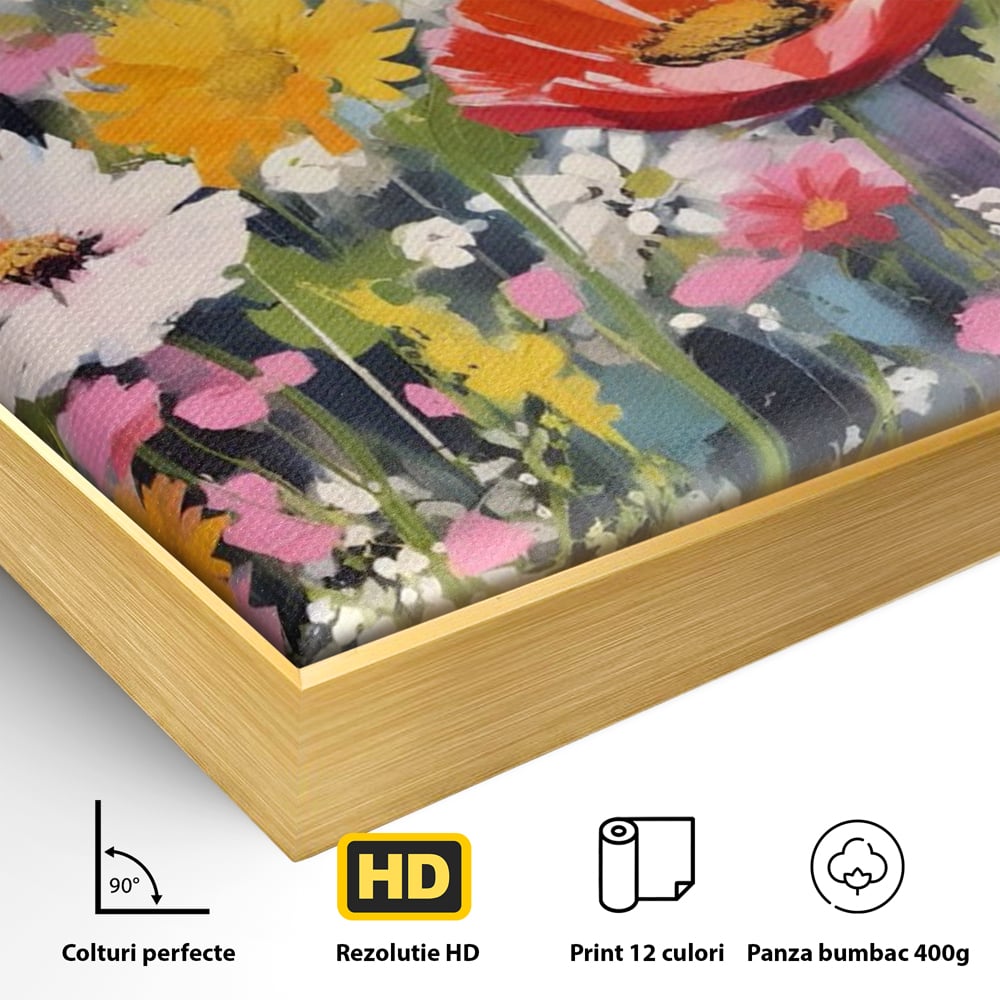 Detaliu al suprafetei: pictura cu camp plin de flori colorate, in rama de aluminiu auriu