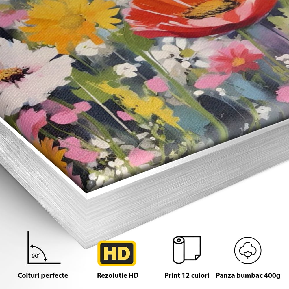 Detaliu al suprafetei: pictura cu camp plin de flori colorate, in rama de aluminiu argintiu