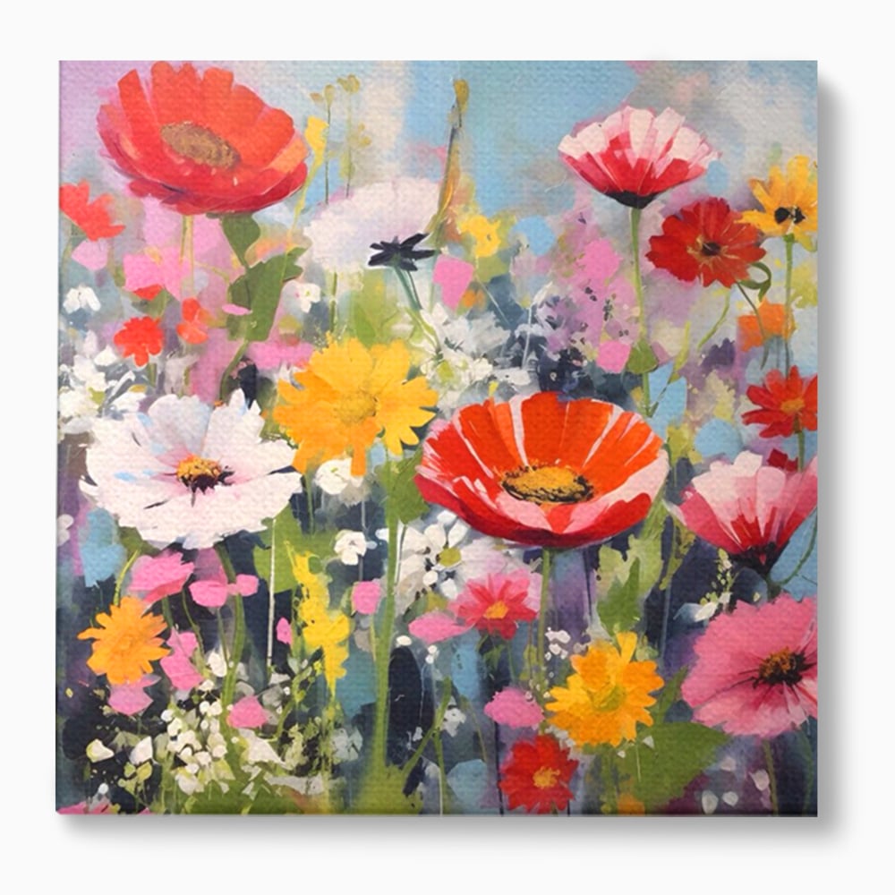 Tablou canvas cu pictura cu camp plin de flori colorate, fara rama, pe sasiu de lemn