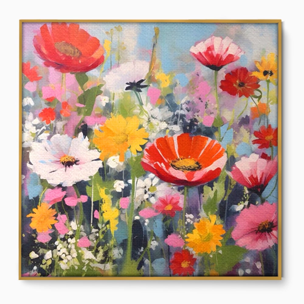Tablou canvas cu pictura cu camp plin de flori colorate, in rama de aluminiu auriu