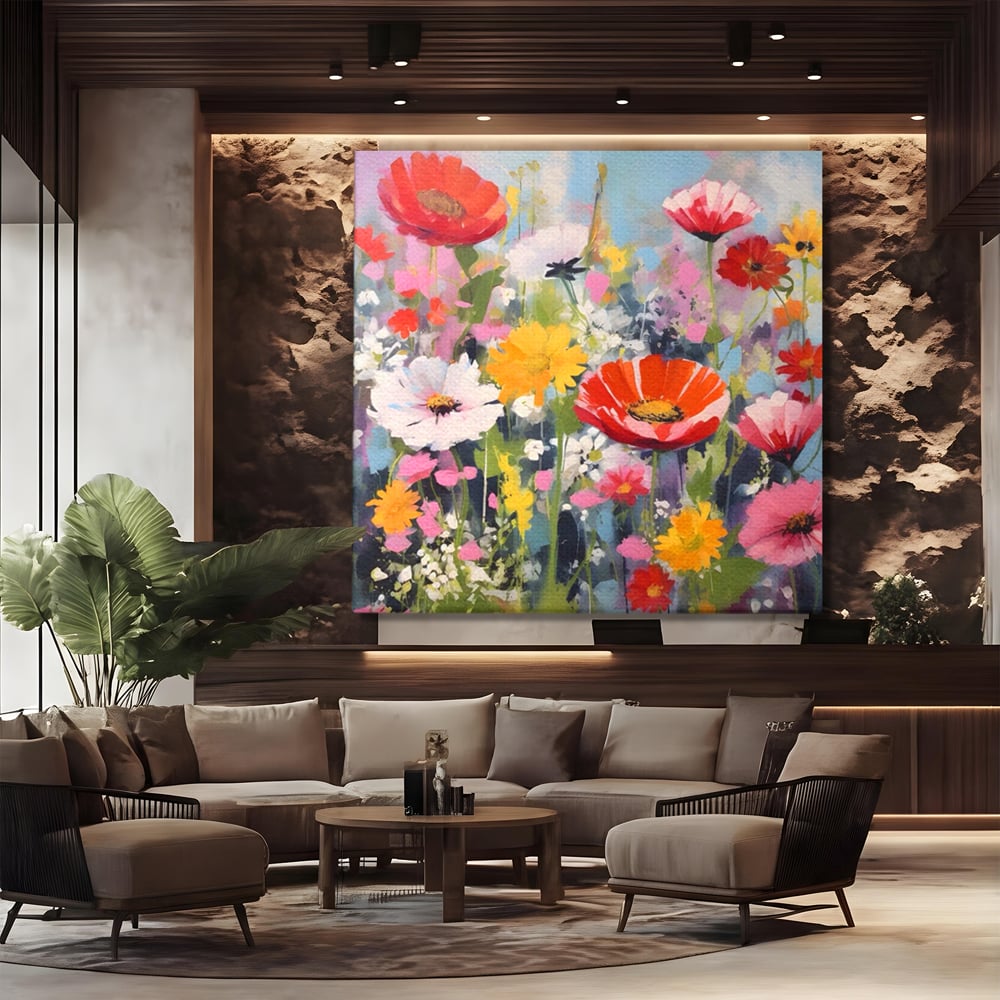 Tablou canvas cu pictura cu camp plin de flori colorate, fara rama, pe sasiu de lemn, pe perete intr-un birou