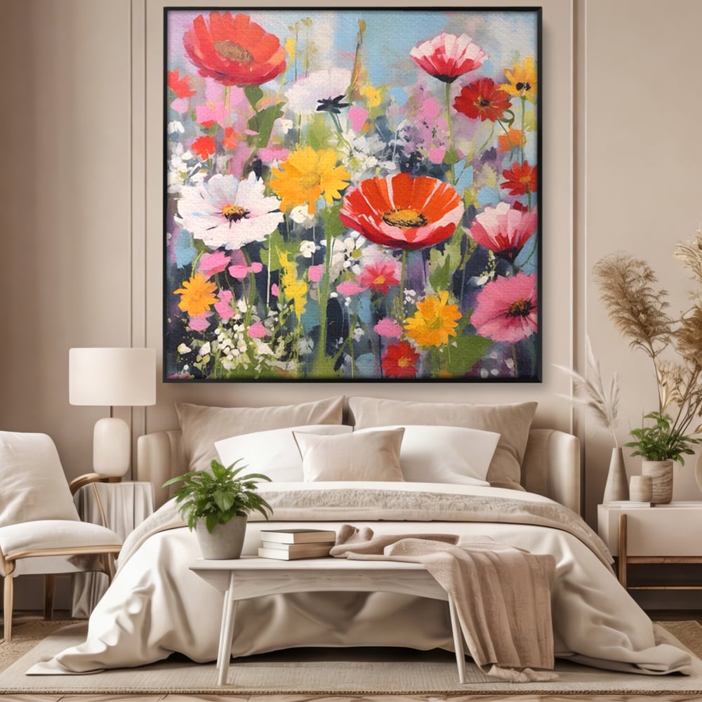 Tablou canvas cu pictura cu camp plin de flori colorate, in rama de aluminiu negru, pe perete intr-un dormitor
